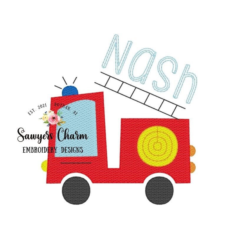 Fire truck sketch stitch machine embroidery design file, quick stitch, bean stitch, transportation, fire hose, first responder