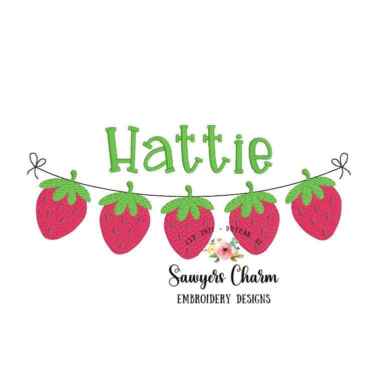 Strawberry sketch bunting banner machine embroidery design file, quick stitch, bean stitch with bows, summer, spring, fruit
