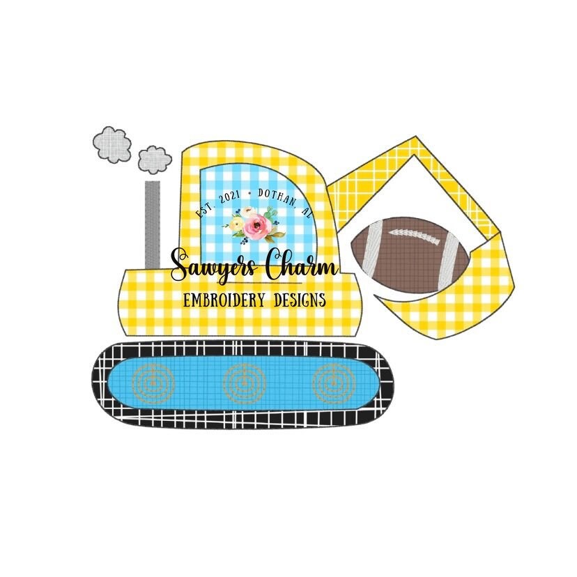 Football Sports Excavator/digger bean stitch machine applique design embroidery file, construction vehicle hauler, field goal