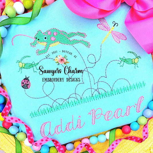 Hopping jumping insects and frog sketch machine embroidery design file, quick stitch, bean stitch, summer, bugs, spring, grass