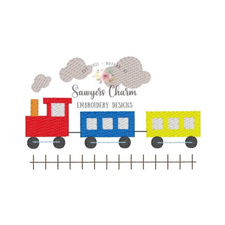 Train locomotive sketch machine embroidery design file, quick stitch, bean stitch, smoke stack, train track, choo choo, transportation