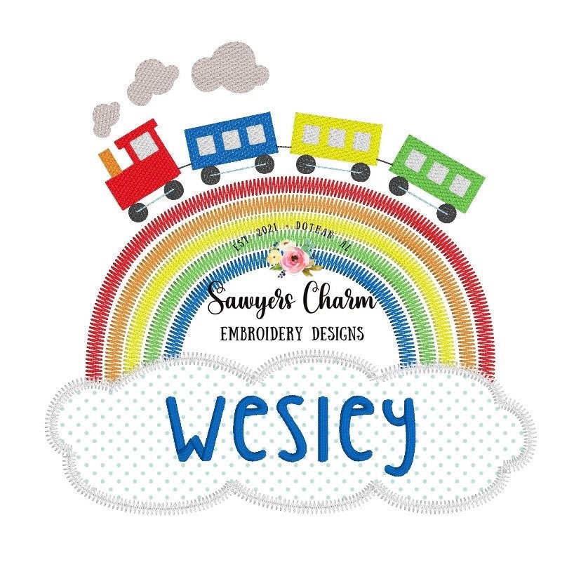 Train locomotive rainbow sketch machine embroidery design file with cloud applique, quick stitch, bean stitch, smoke stack, choo choo