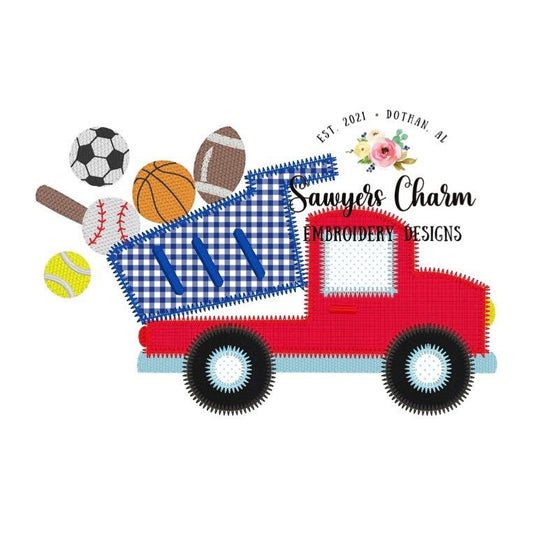 Sports dump truck zig zag machine applique design embroidery file, sketch stitch baseball/bat, football, soccer ball, tennis, basketball