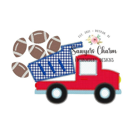 Football sports dump truck zig zag machine applique design embroidery file, sketch stitch footballs, transportation hauler