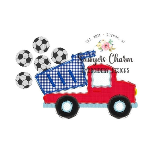 Soccer sports dump truck zig zag machine applique design embroidery file, sketch stitch soccer balls, transportation hauler