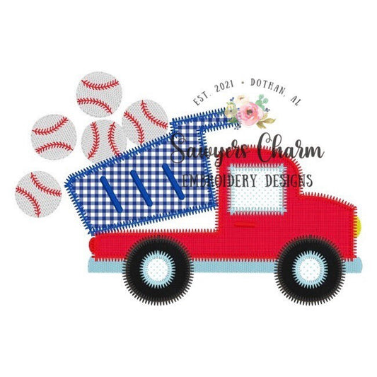 Baseball sports dump truck zig zag machine applique design embroidery file, sketch stitch baseballs