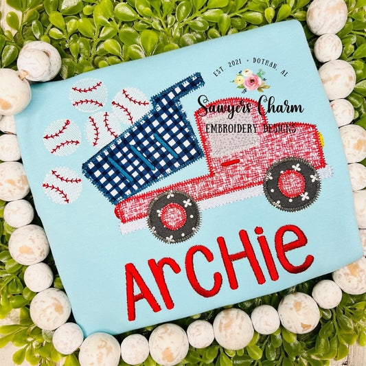Baseball sports dump truck zig zag machine applique design embroidery file, sketch stitch baseballs