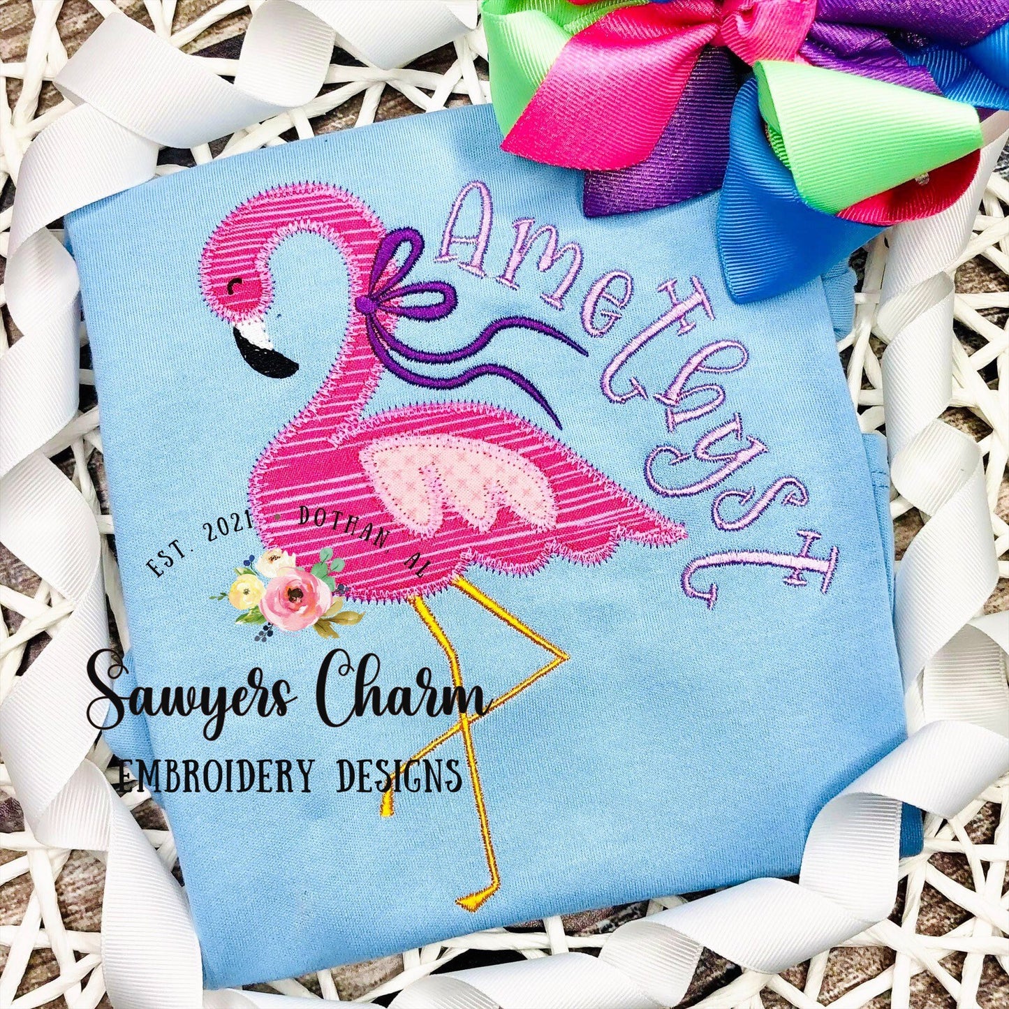 Flamingo with bow zigzag applique machine embroidery design file, summer, quick stitch, beach