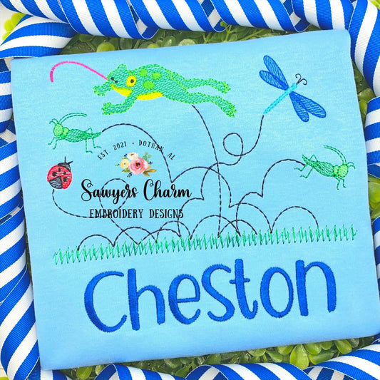 Hopping jumping insects and frog sketch machine embroidery design file, quick stitch, bean stitch, summer, bugs, spring, grass