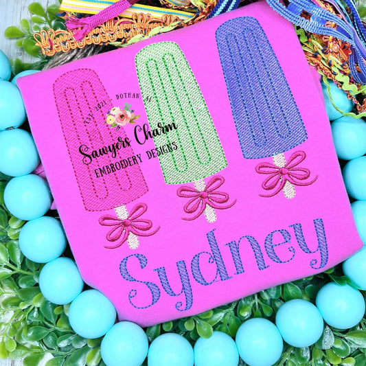 Popsicles trio with bow sketch machine embroidery design file, summer treats, snacks, ice cream, vintage, quick stitch, bean stitch