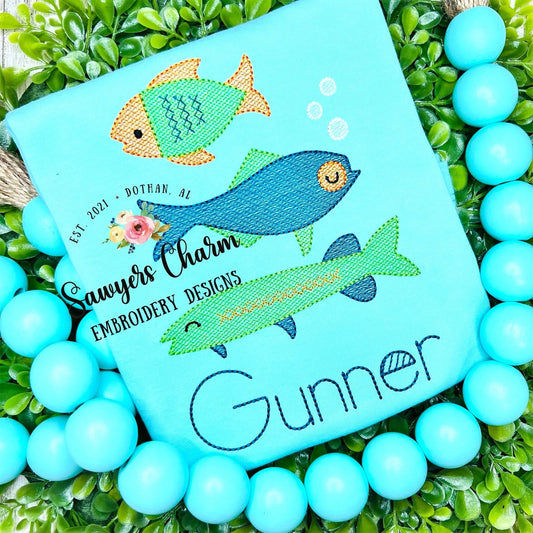 Fish trio sketch stitch with bean stitch edge, machine embroidery design file, fishing, quick stitch, ocean creatures, summer, spring