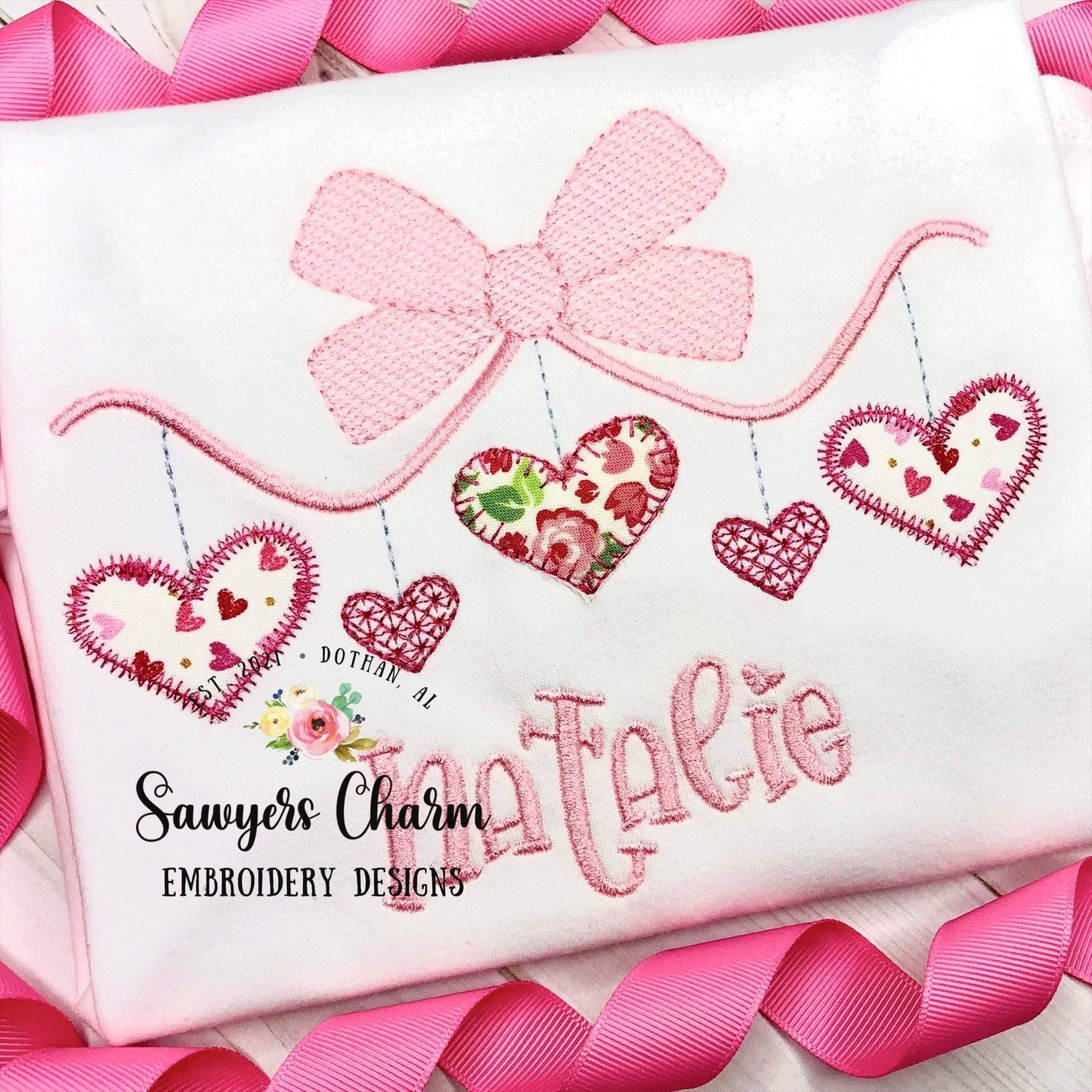 Valentine's Day bow with hearts machine applique embroidery design file, quick stitch, bean stitch, vintage stitch, sketch