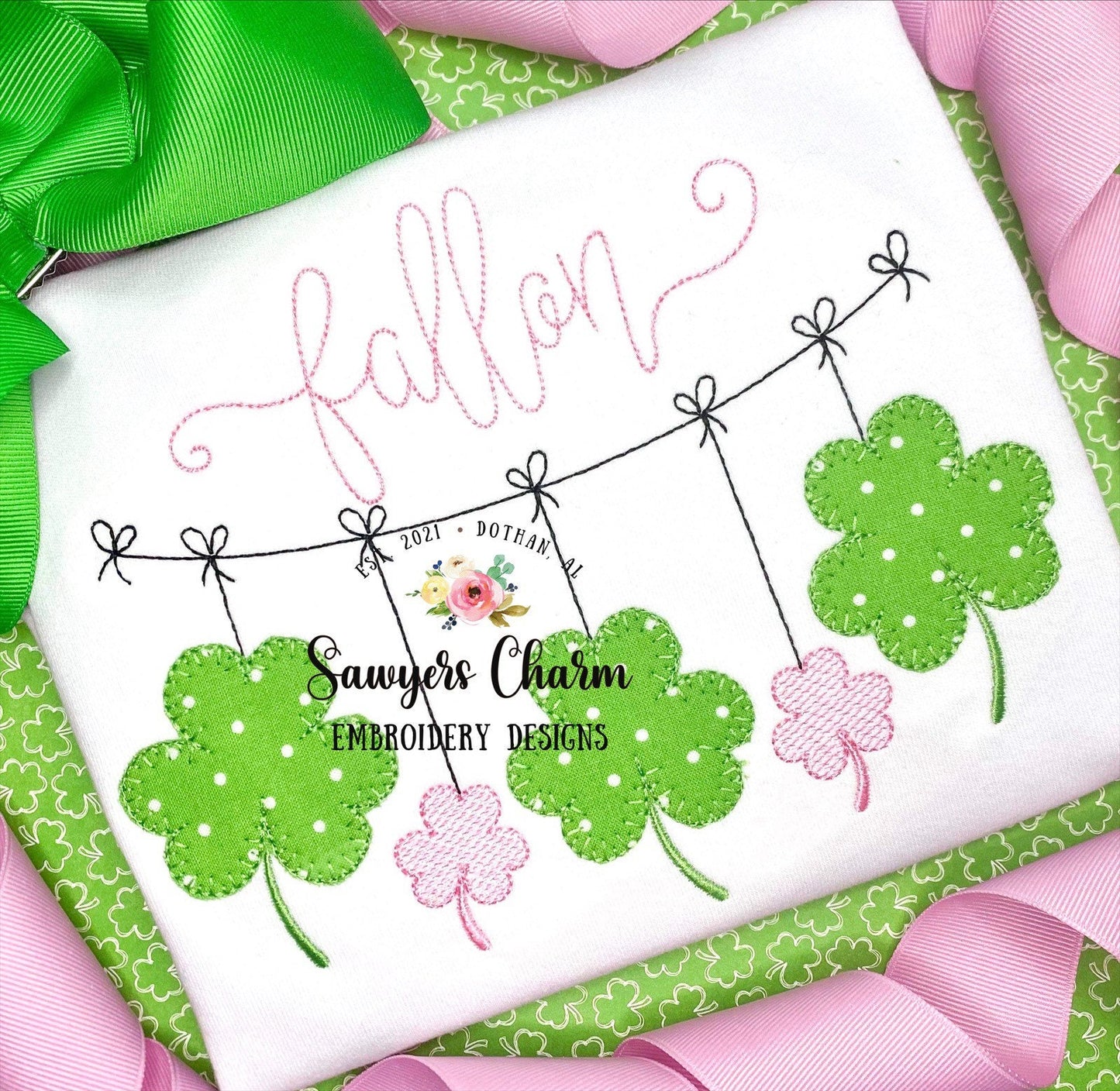 St. Patrick's Day shamrocks clover bunting banner machine applique embroidery design file, quick stitch, bean stitch, blanket stitch, sketch