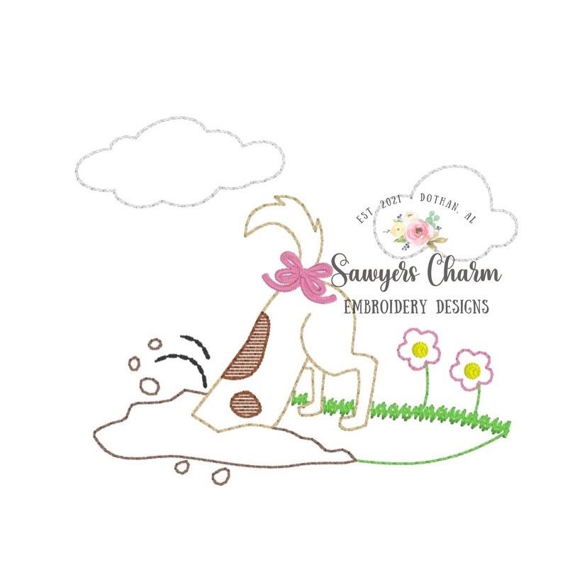 Puppy dog digging in dirt/grass with and without bow, vintage outline bean stitch machine embroidery design file, flowers, quick stitch