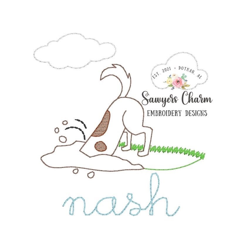 BUNDLE Puppy dog digging in dirt/grass with & without bow, bean stitch, vintage outline, sketch machine applique/embroidery design file