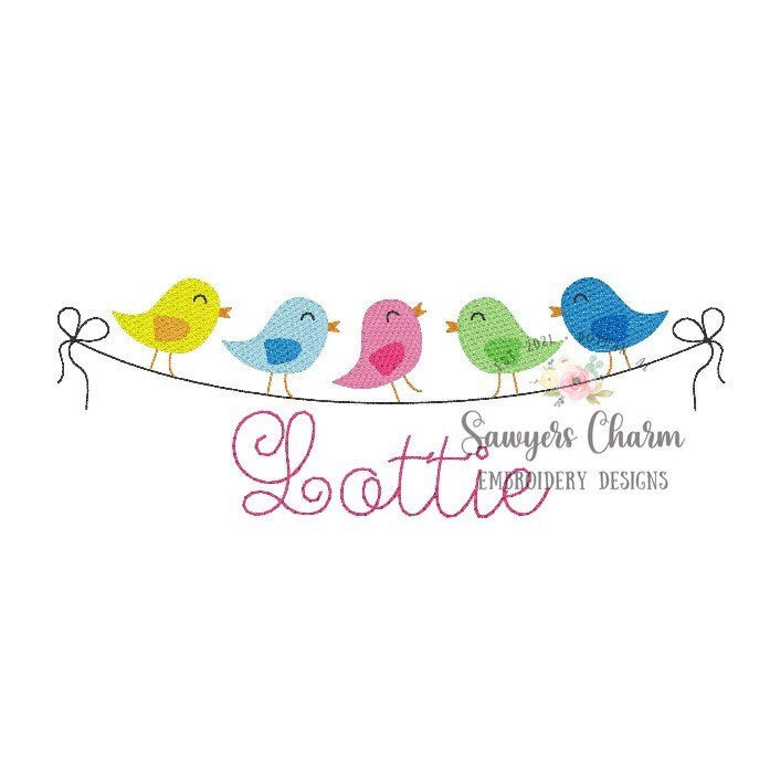 Birds on a line/wire with bows bunting, sketch stitch machine embroidery design file, quick stitch, summer, spring, sweet little birdies