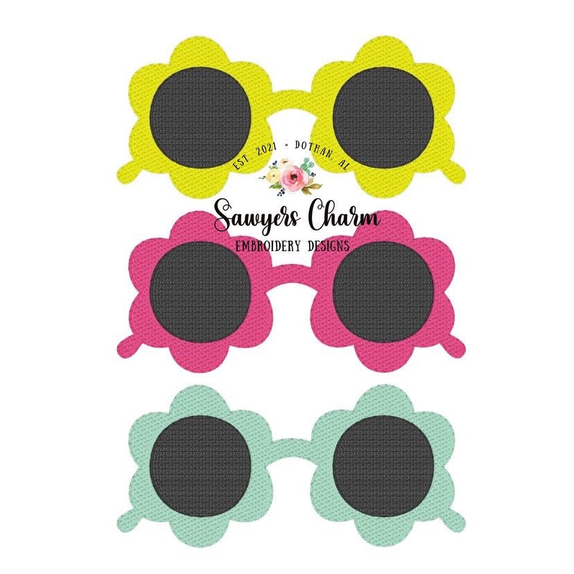 Retro flower scallop summer sunglasses trio sketch stitch machine embroidery design file, sunnies, shades, vintage, quick stitch, beach vibe