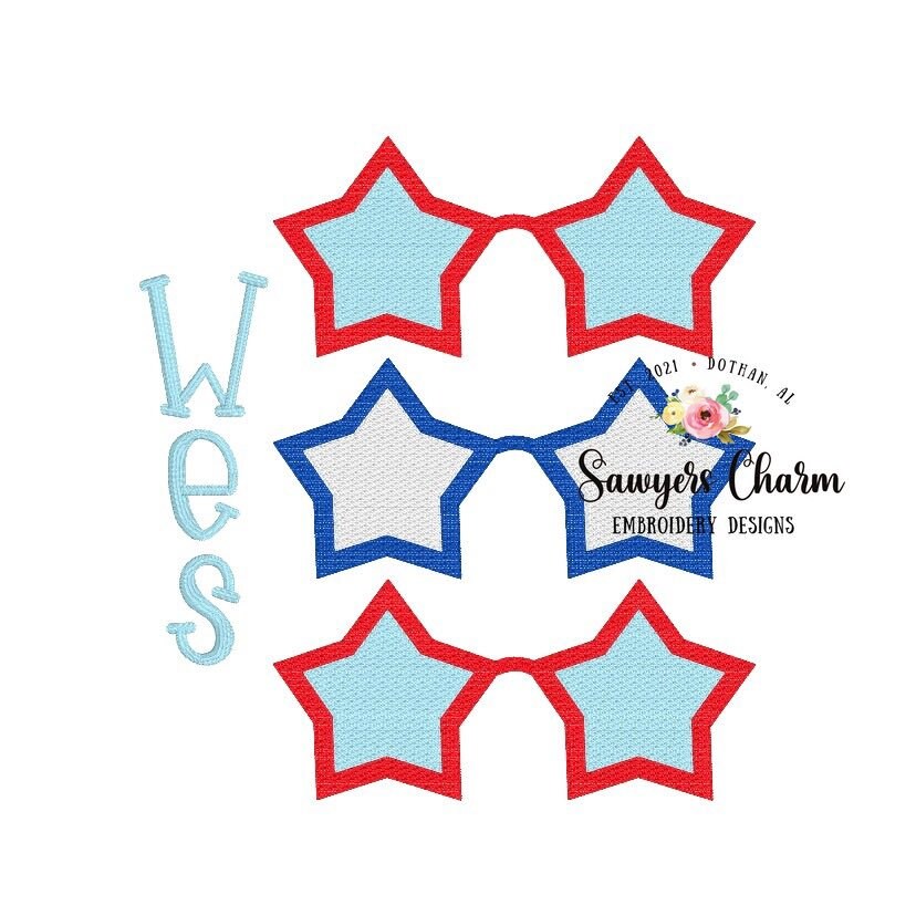Patriotic star summer sunglasses trio sketch machine embroidery design file, sunnies, shades, vintage, red white blue, July 4th