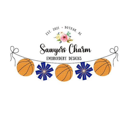 BUNDLE Sports Basketball/cheerleading bunting banner sketch design embroidery file, cheerleading pom poms, bean stitch, with and without bow