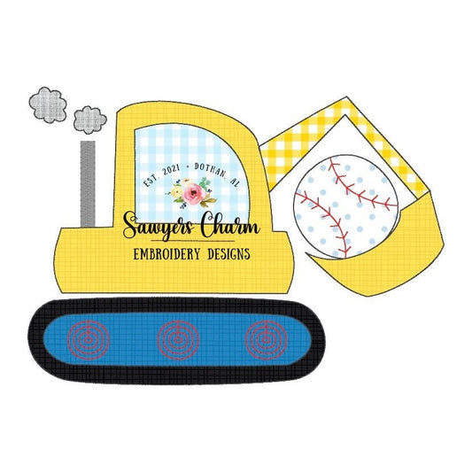 Baseball Sports Excavator/digger bean stitch machine applique design embroidery file, construction vehicle hauler, baseball/softball