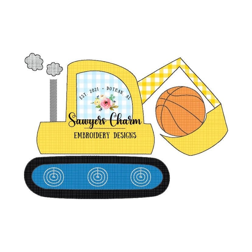 Basketball Sports Excavator/digger bean stitch machine applique design embroidery file, construction vehicle hauler, basketball goal