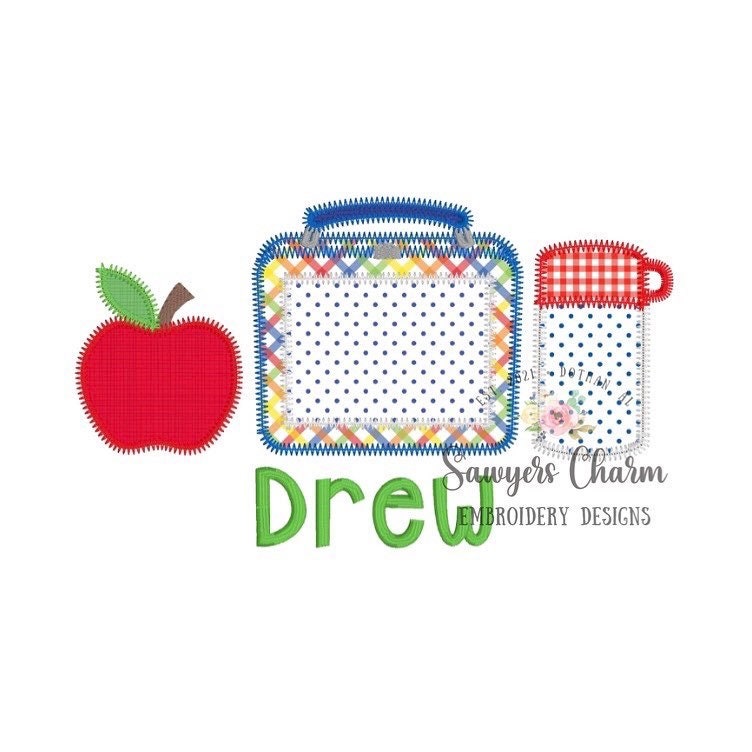 Lunchbox trio with apple and thermos zig zag machine embroidery design file, quick stitch, perfect for monograms or names, back to school