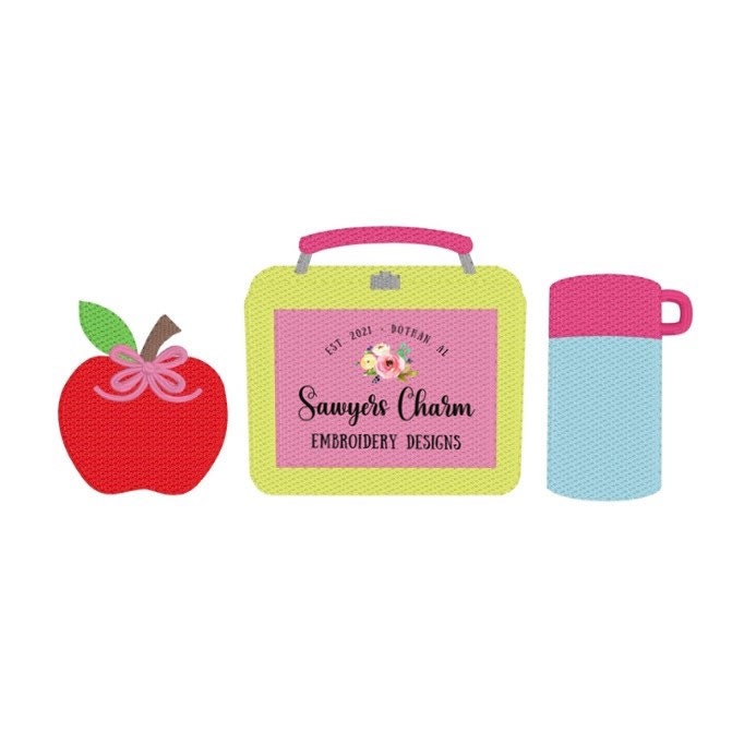 BUNDLE Lunchbox trio with apple/thermos sketch stitch machine embroidery design file, quick stitch, back to school, with and without bow