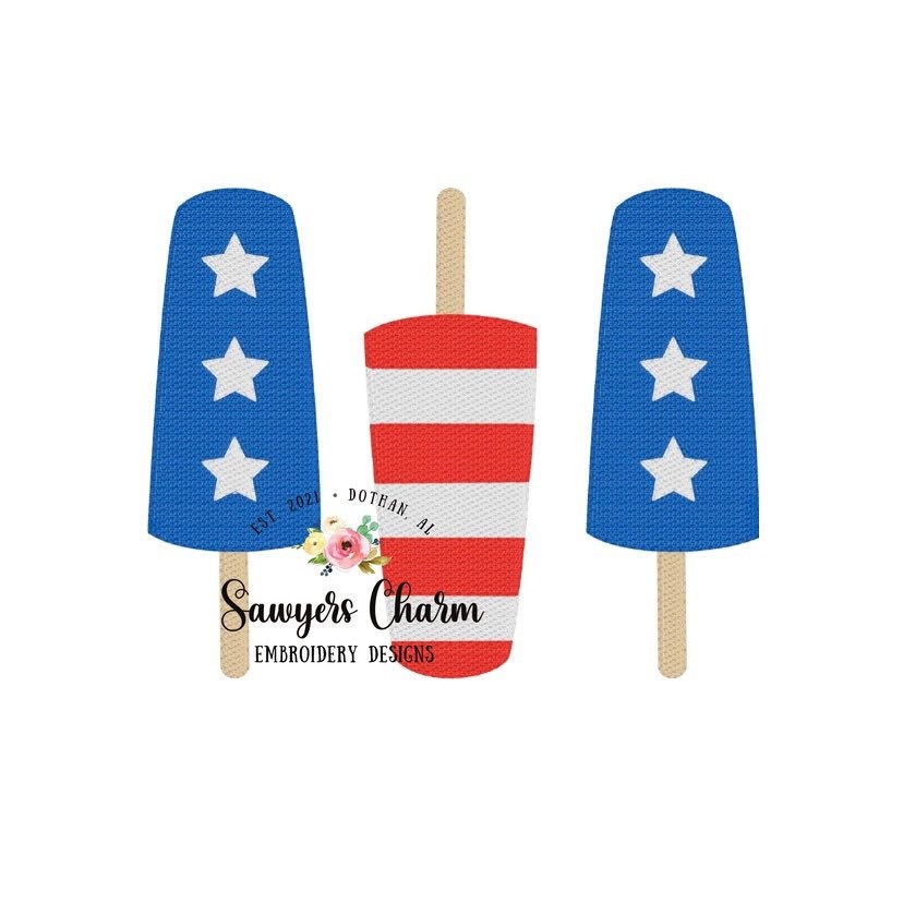 Patriotic popsicles trio sketch machine embroidery design file, quick stitch, bean stitch, stars and stripes, red white blue, July 4th