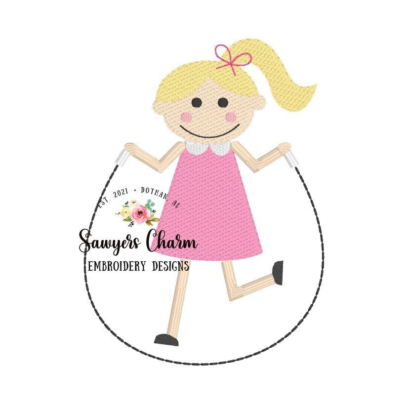 BUNDLE Girls jumping rope sketch stitch, machine embroidery design file, quick stitch, skipping rope, back to school, summer, pigtails, bow