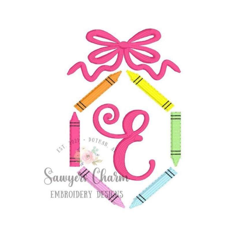 Mini fill crayons with bow monogram frame machine embroidery design file, quick stitch, perfect for monograms, satin, colors, back to school