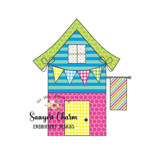 County fair, colorful cabin with flag and banner, machine applique design embroidery file, bean stitch, festival, quick stitch