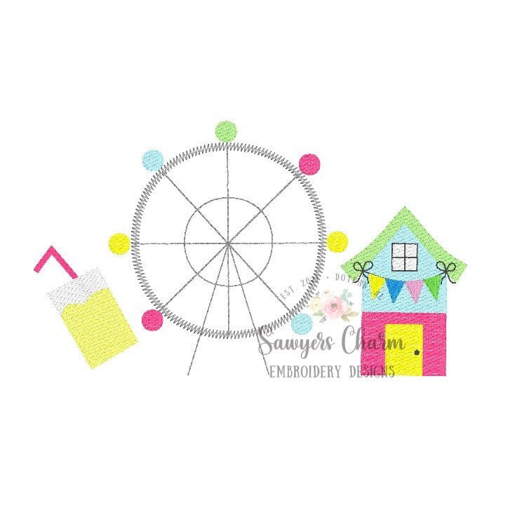 BUNDLE County fair, colorful cabins, ferris wheel, machine applique design embroidery file, bean stitch & sketch, lemonade, festival, trio