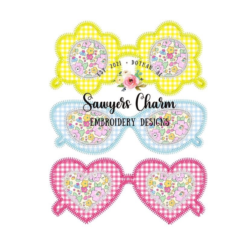 Retro summer sunglasses trio zig zag applique, machine embroidery design file, sunnies, shades, vintage, quick stitch, beach, flowers