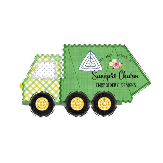 Garbage truck zigzag stitch machine applique embroidery file, vintage stitch, quick stitch, construction vehicle, bean stitch, city truck