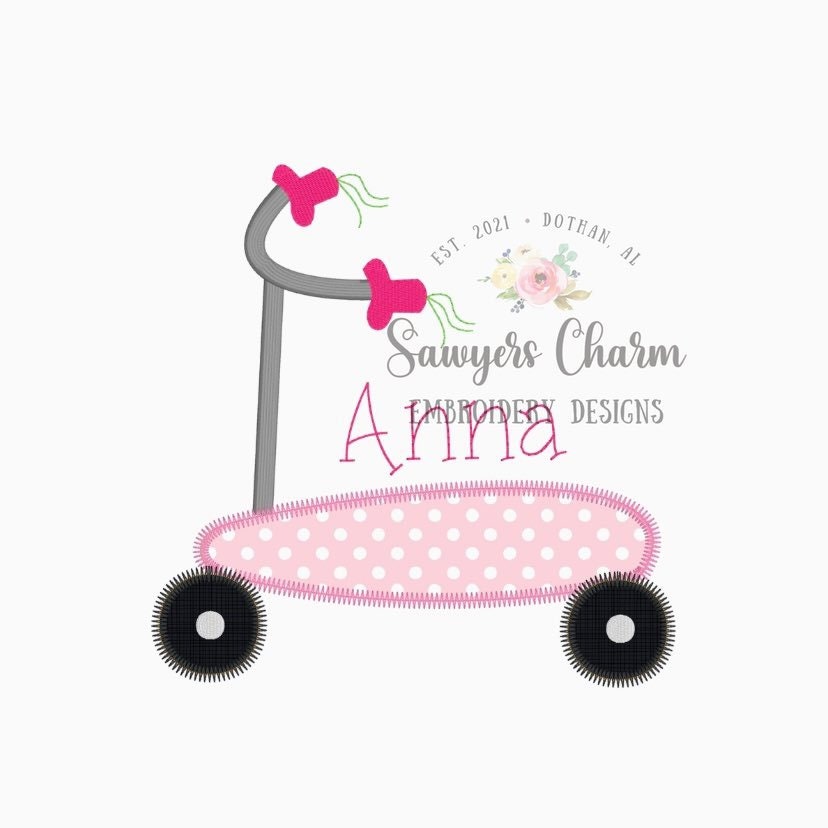 Scooter zigzag machine applique, embroidery design file, quick stitch, satin stitch, fill stitch, skateboard, playground, transportation