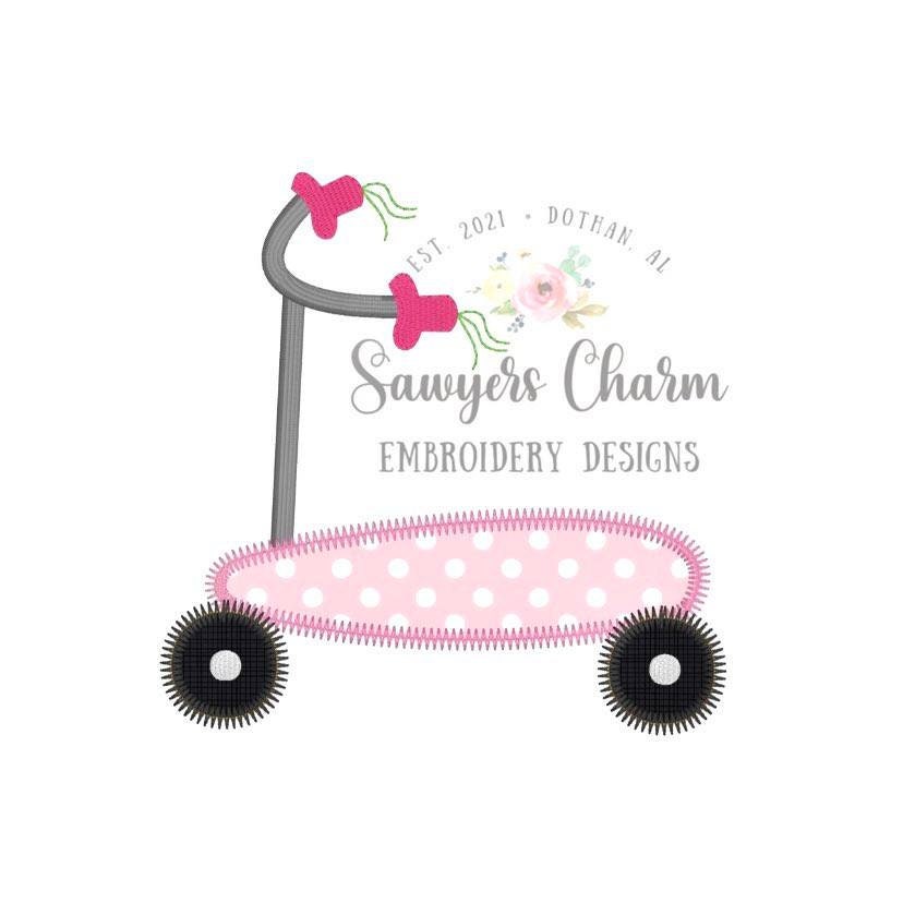 Scooter zigzag machine applique, embroidery design file, quick stitch, satin stitch, fill stitch, skateboard, playground, transportation