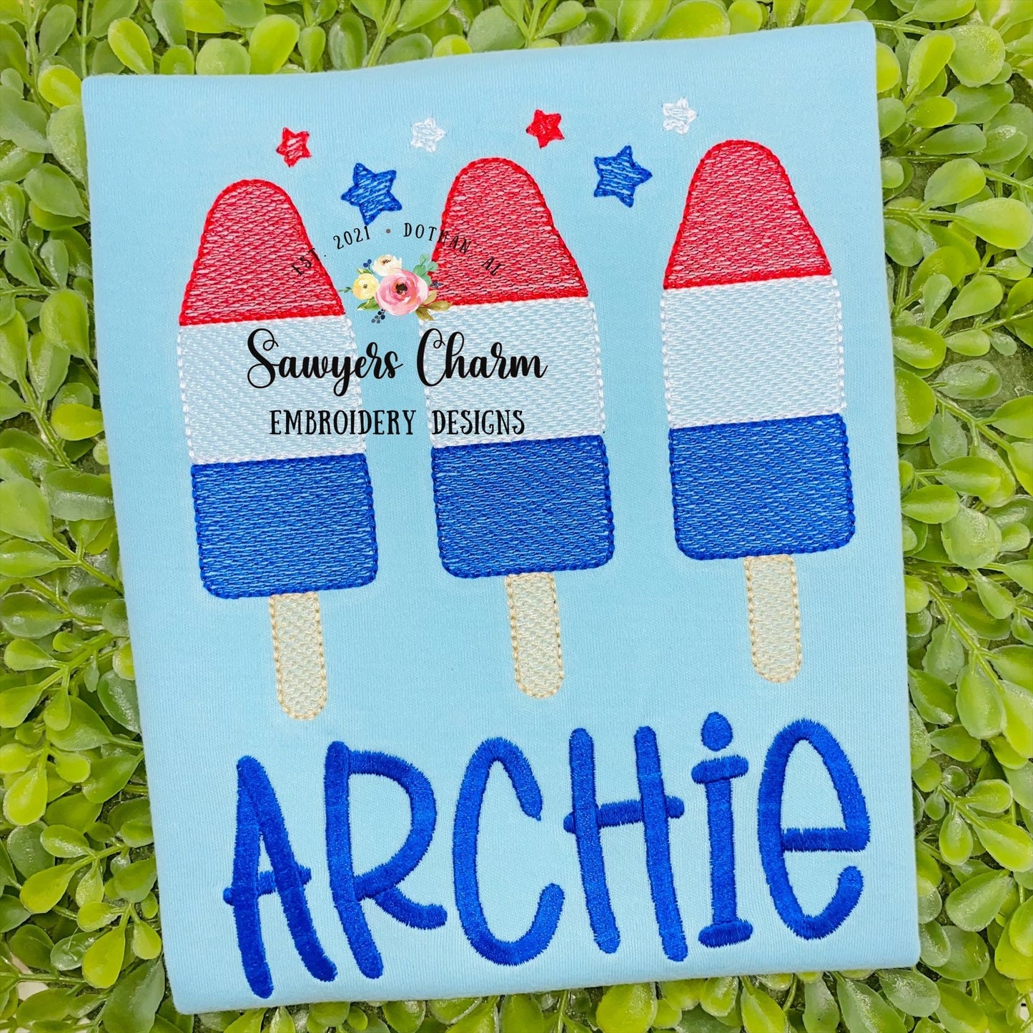 Patriotic rocket pop trio sketch machine embroidery design file, bean stitch, stars stripes, red white blue July 4th, popsicle ice cream