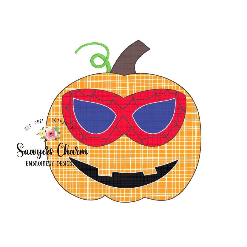 Spider Superhero jackolantern pumpkin, bean stitch applique, embroidery design file, fall halloween, crime fighter, quick stitch, mask