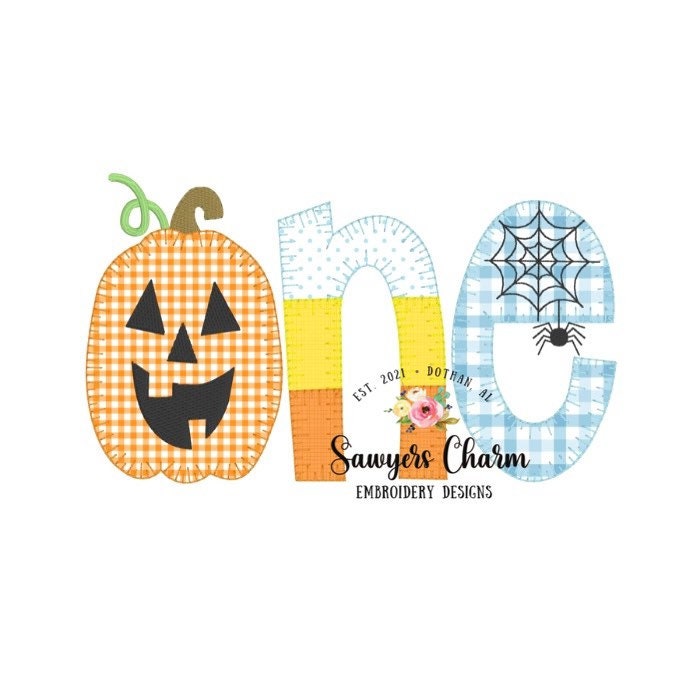 Halloween ONE jackolantern spooky blanket stitch machine applique design embroidery file, first birthday, pumpkin candy corn spiderweb