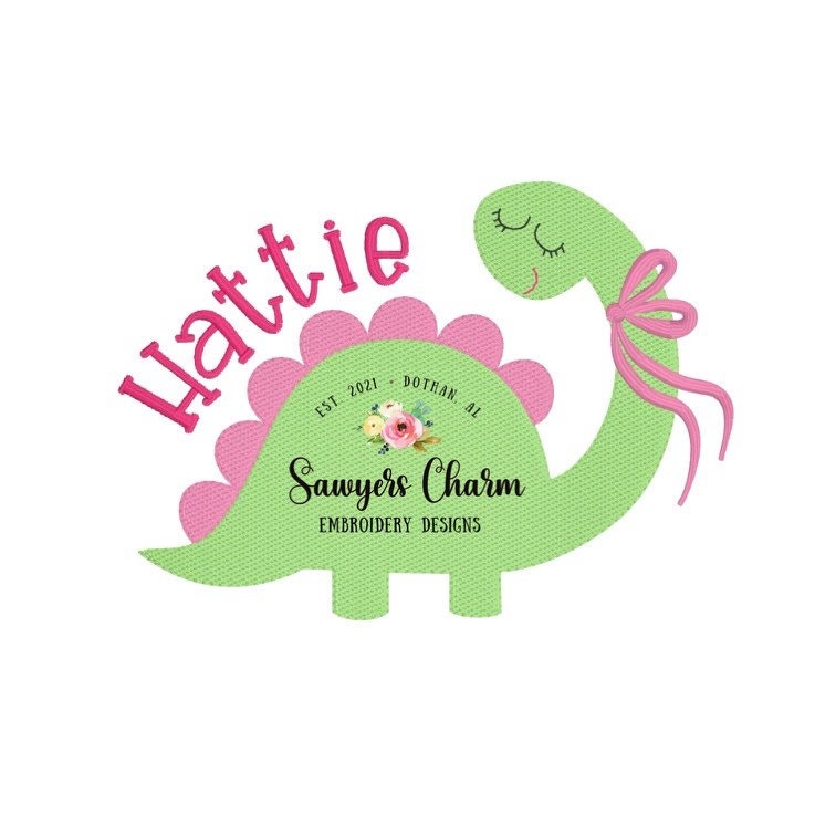 Sweet dinosaur with bow sketch stitch machine embroidery design file, dino, bean stitch details, satin stitch bow, girly, quick stitch