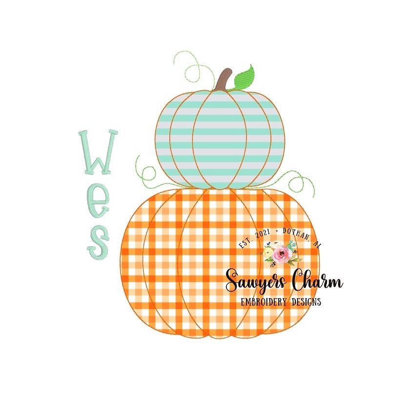 Stacked pumpkins with leaves, bean stitch applique, embroidery design file, fall, halloween, fall leaves, pumpkin patch, quick stitch