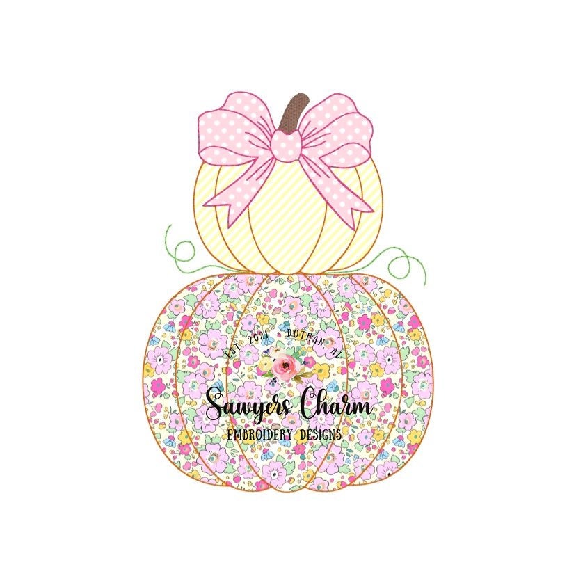 Stacked pumpkins with bow, bean stitch applique design file, fall, halloween, fall leaves, pumpkin patch, quick stitch