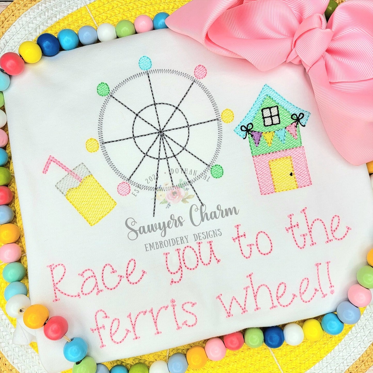 BUNDLE County fair, colorful cabins, ferris wheel, machine applique design embroidery file, bean stitch & sketch, lemonade, festival, trio