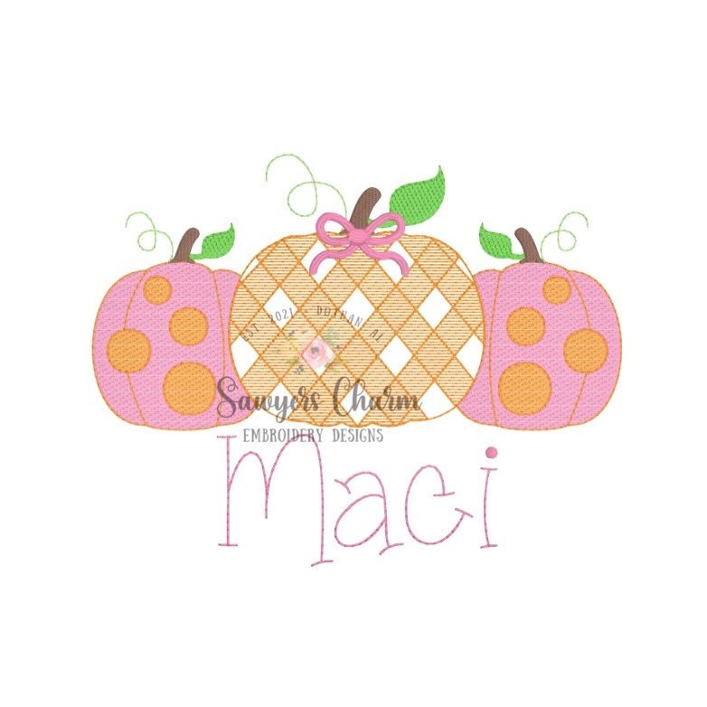 Gingham polka dot pumpkins trio with bow, sketch stitch embroidery design file, fall, halloween, fall leaves, pumpkin patch, quick stitch