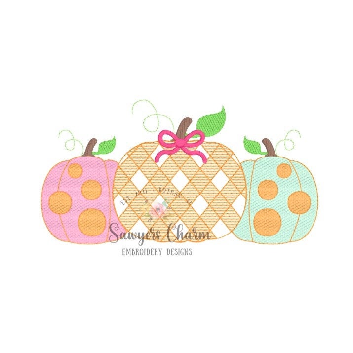 Gingham polka dot pumpkins trio with bow, sketch stitch embroidery design file, fall, halloween, fall leaves, pumpkin patch, quick stitch