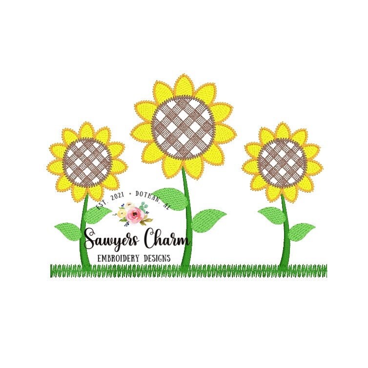 Gingham sunflowers trio sketch stitch embroidery design file, fall, harvest, fall leaves, floral, quick stitch, summer, spring