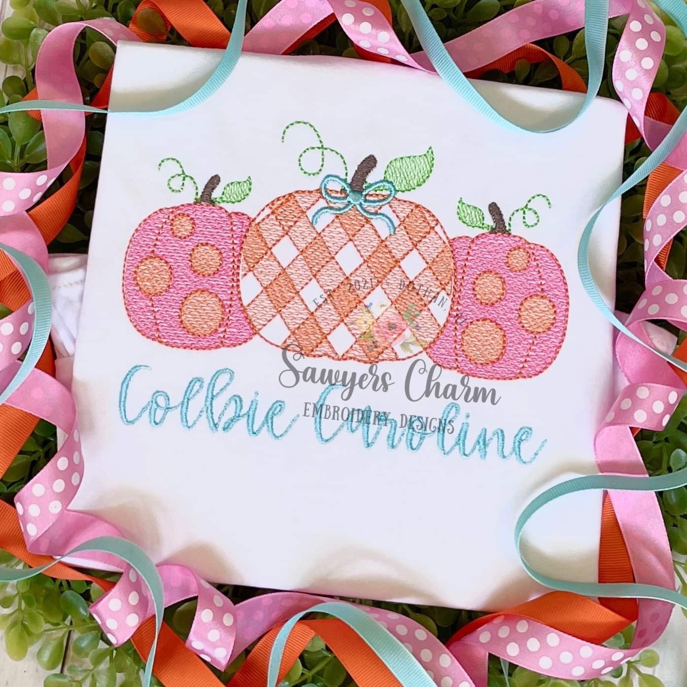 Gingham polka dot pumpkins trio with bow, sketch stitch embroidery design file, fall, halloween, fall leaves, pumpkin patch, quick stitch