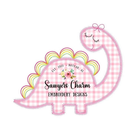 Rainbow girl dinosaur with bow, zig zag applique embroidery design file, dino, bean stitch rainbow, summer, girly, quick stitch