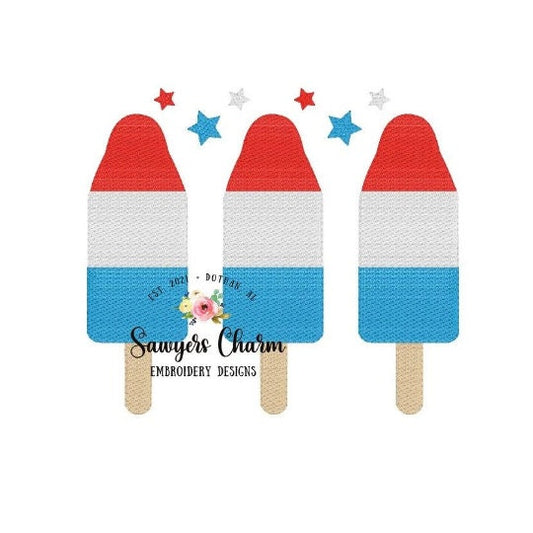 Patriotic rocket pop trio sketch machine embroidery design file, bean stitch, stars stripes, red white blue July 4th, popsicle ice cream