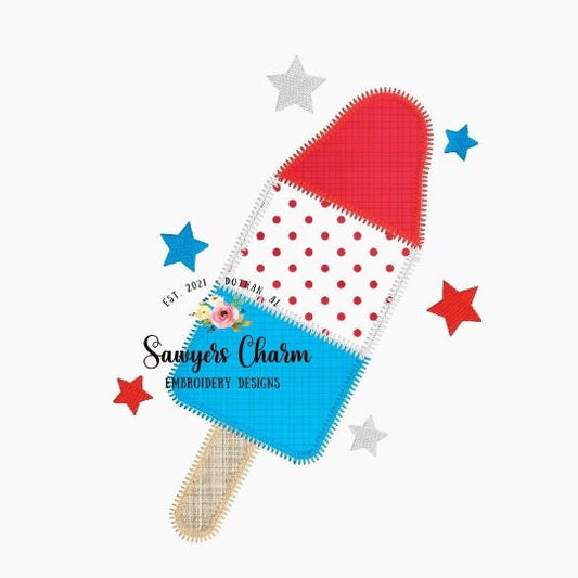 Patriotic popcicle zig zag applique machine embroidery design file, stars stripes, red white blue July 4th, rocket ice cream, summer